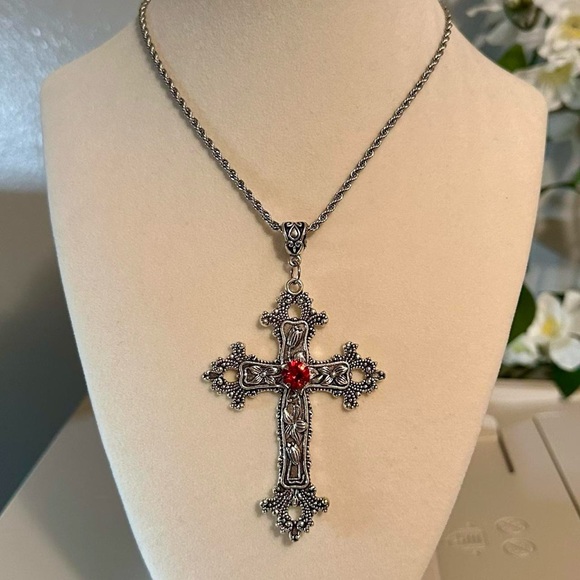 Gothic Red Crystal Cross Charm Necklace Floral Design Big Punk Goth Silver Tone - Picture 7 of 11